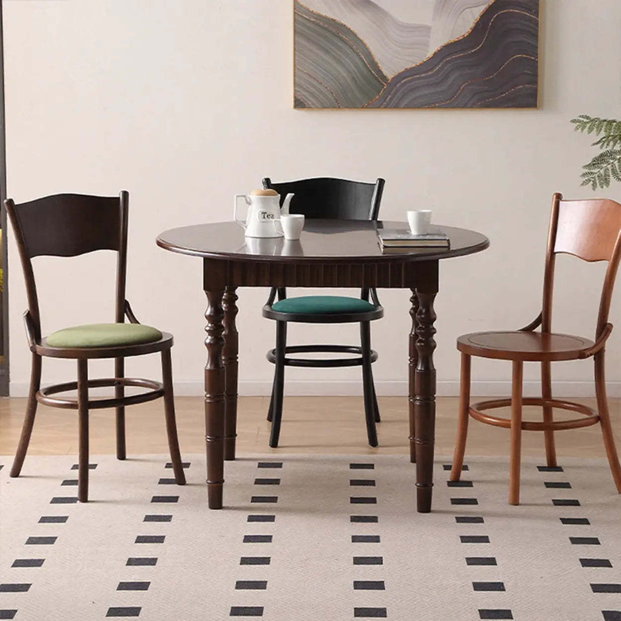 Rustic Mid-Century Wood Curved Back Dining Chair — Black walnut / Fabric-White patterns
