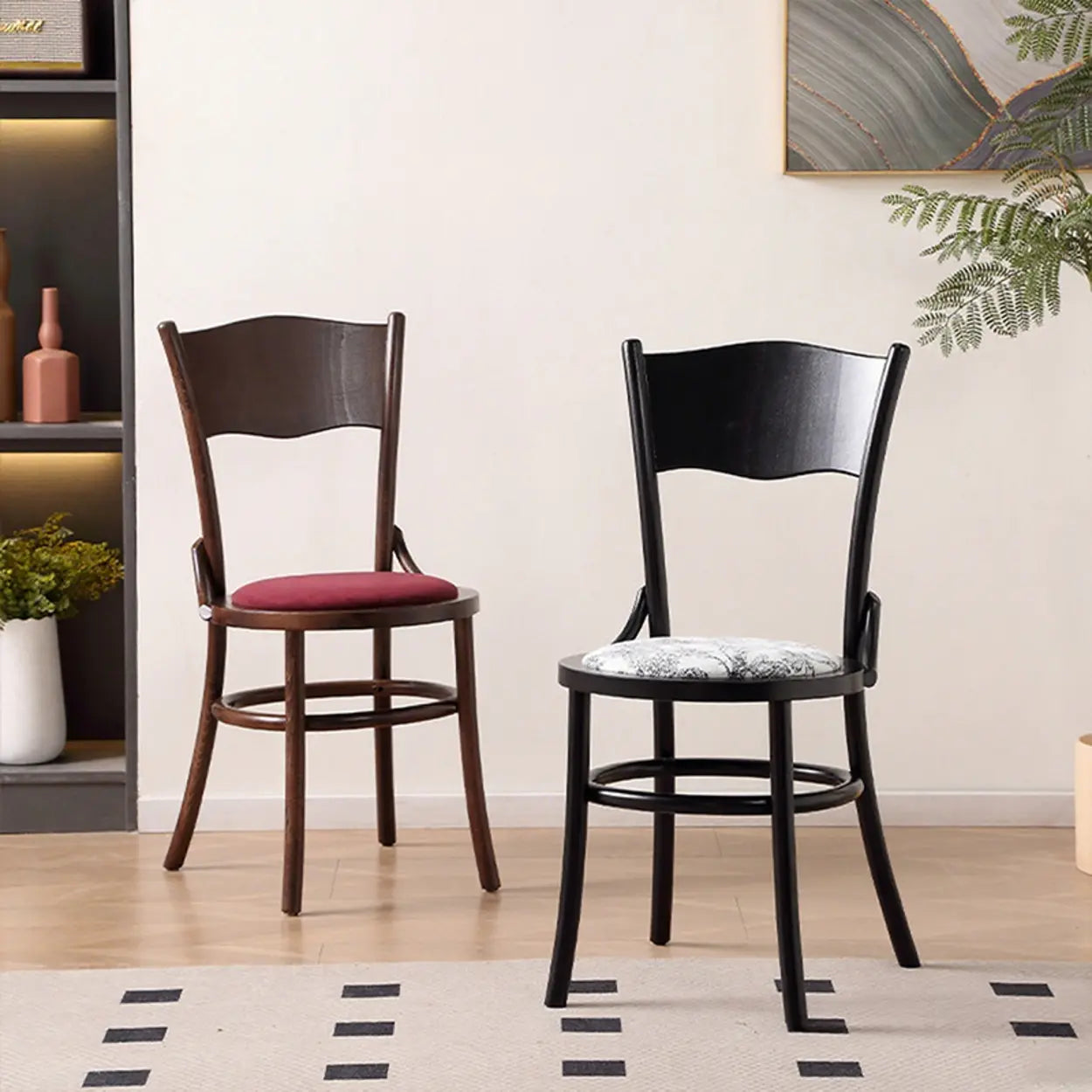 Rustic Mid-Century Wood Curved Back Dining Chair — Black walnut / Fabric-Brown patterns