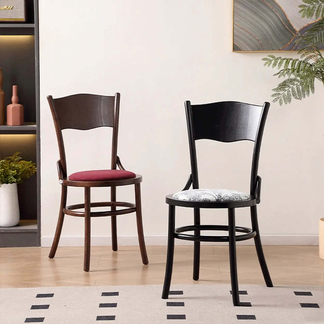 Rustic Mid-Century Wood Curved Back Dining Chair — Black walnut / Fabric-Brown patterns