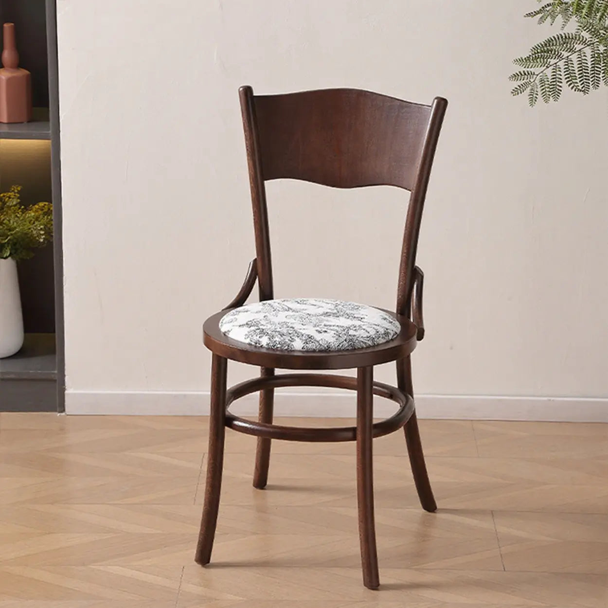 Rustic Mid-Century Wood Curved Back Dining Chair — Black / Rattan
