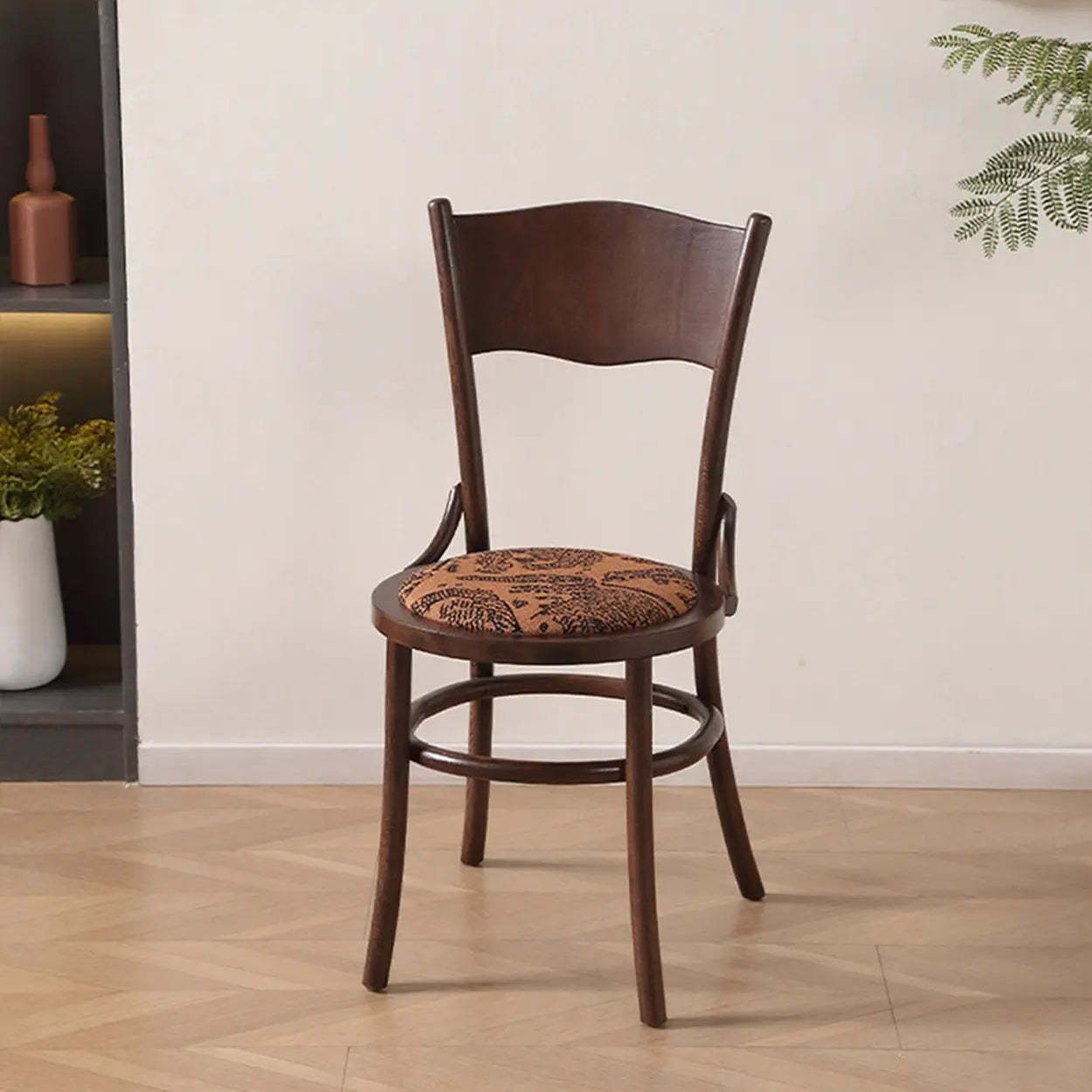 Rustic Mid-Century Wood Curved Back Dining Chair — Black / Fabric-White patterns