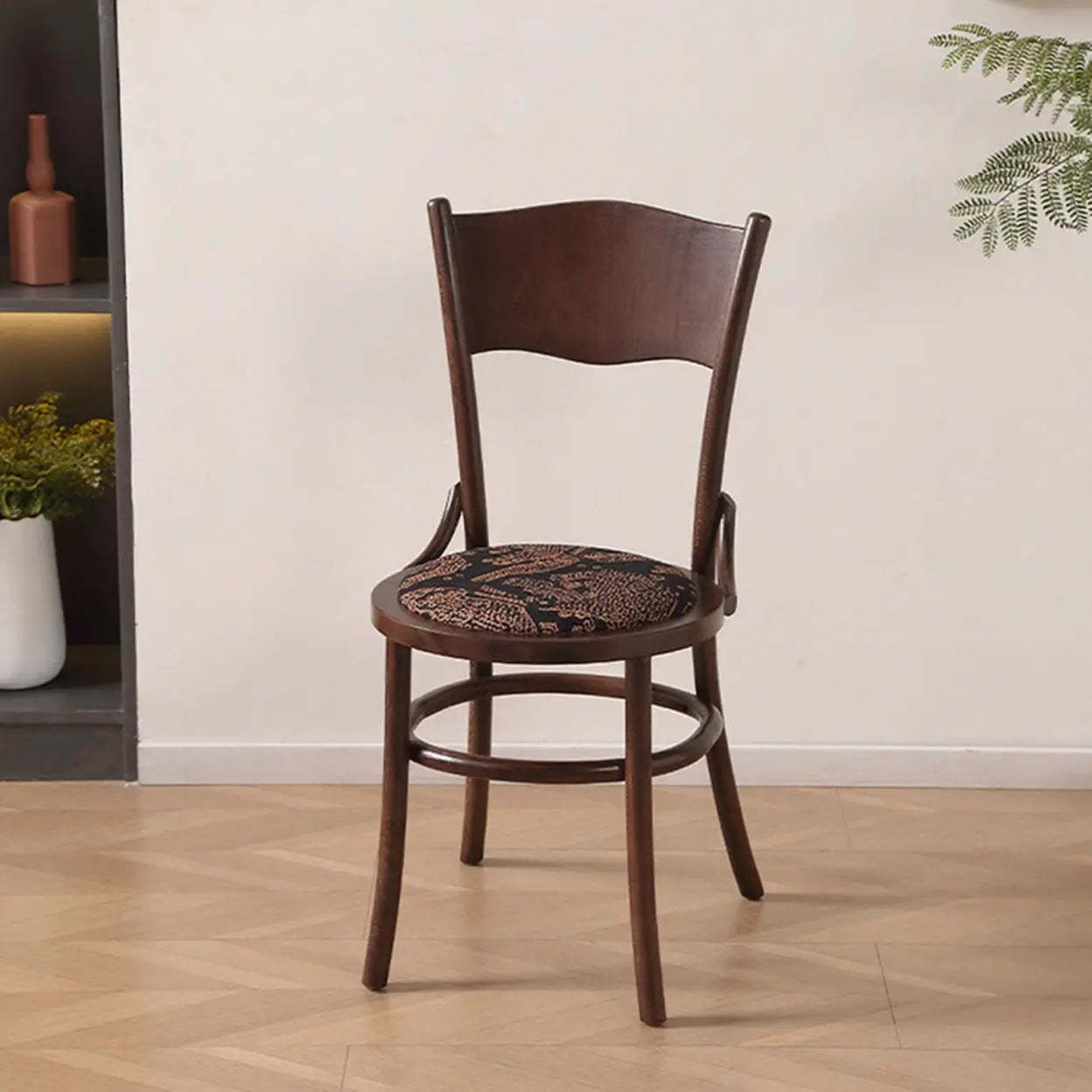 Rustic Mid-Century Wood Curved Back Dining Chair — Black / Fabric-Blue