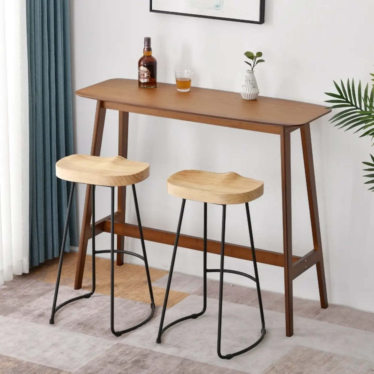 Rustic Minimalist Wood Bar Table with Footrest — Brown / Table Only