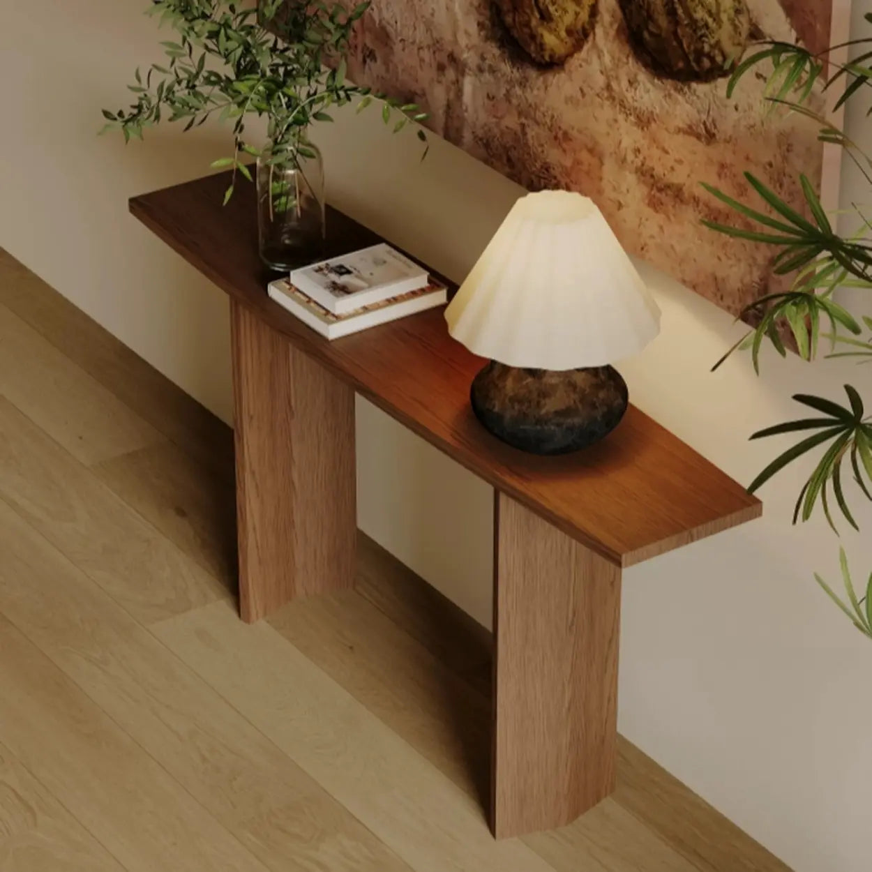 Rustic Minimalist Wood Sled Console Table — Brown