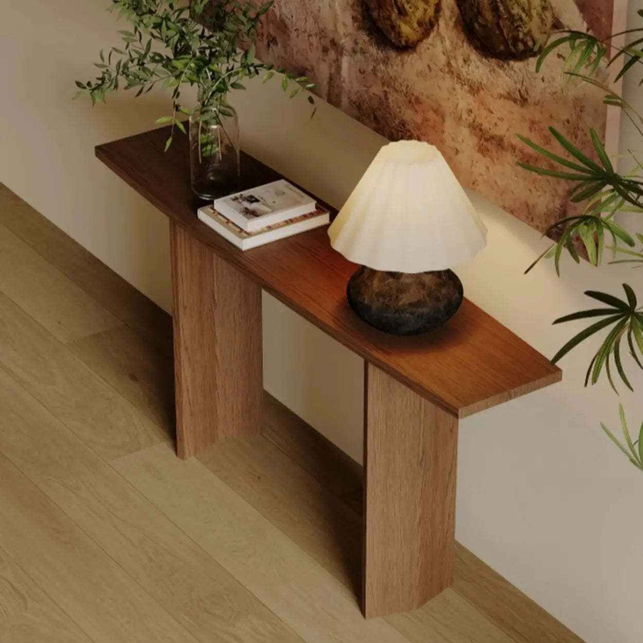 Rustic Minimalist Wood Sled Console Table — Brown