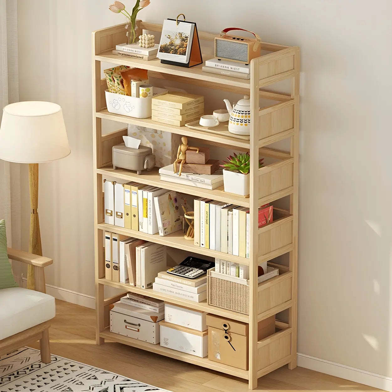 Open pine fabric bookcases for office — 23.6" L x 11.8" W x 69.3" H