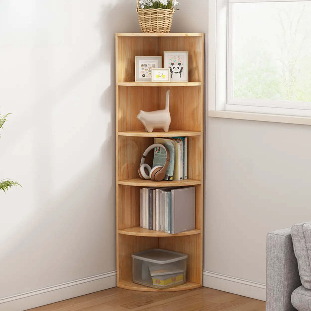 Rustic Triangle Corner Bookcase — Natural Finish