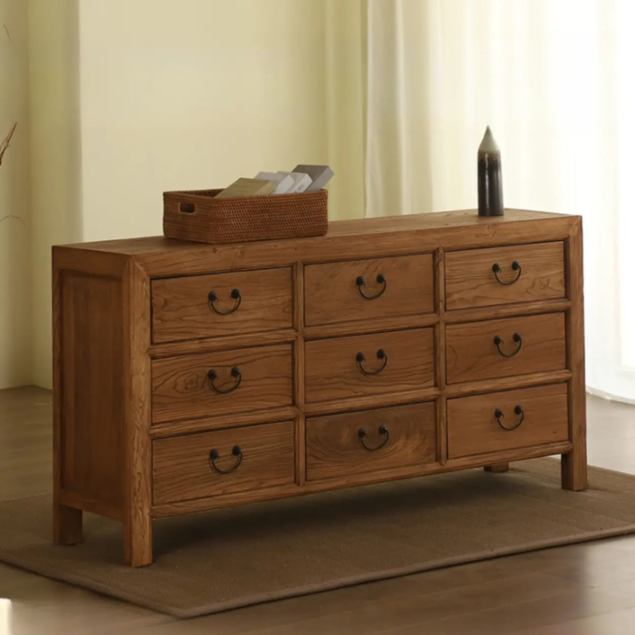 Rustic Natural Wood TV Stand with 9 Drawers