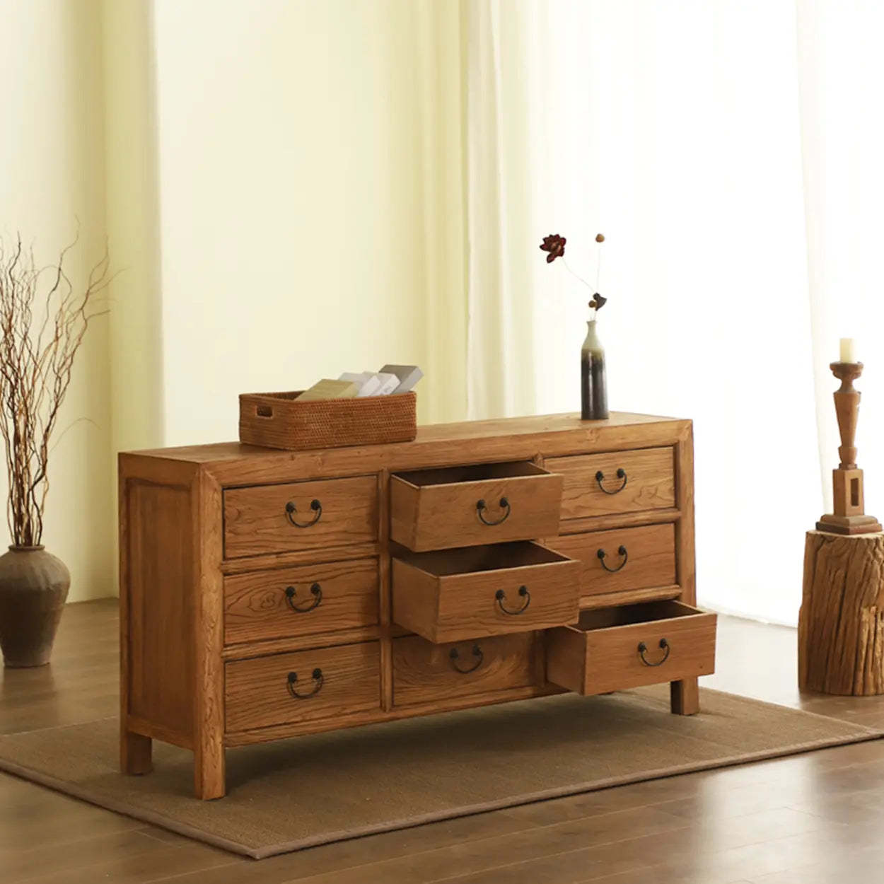 Rustic Natural Wood TV Stand with 9 Drawers — 9