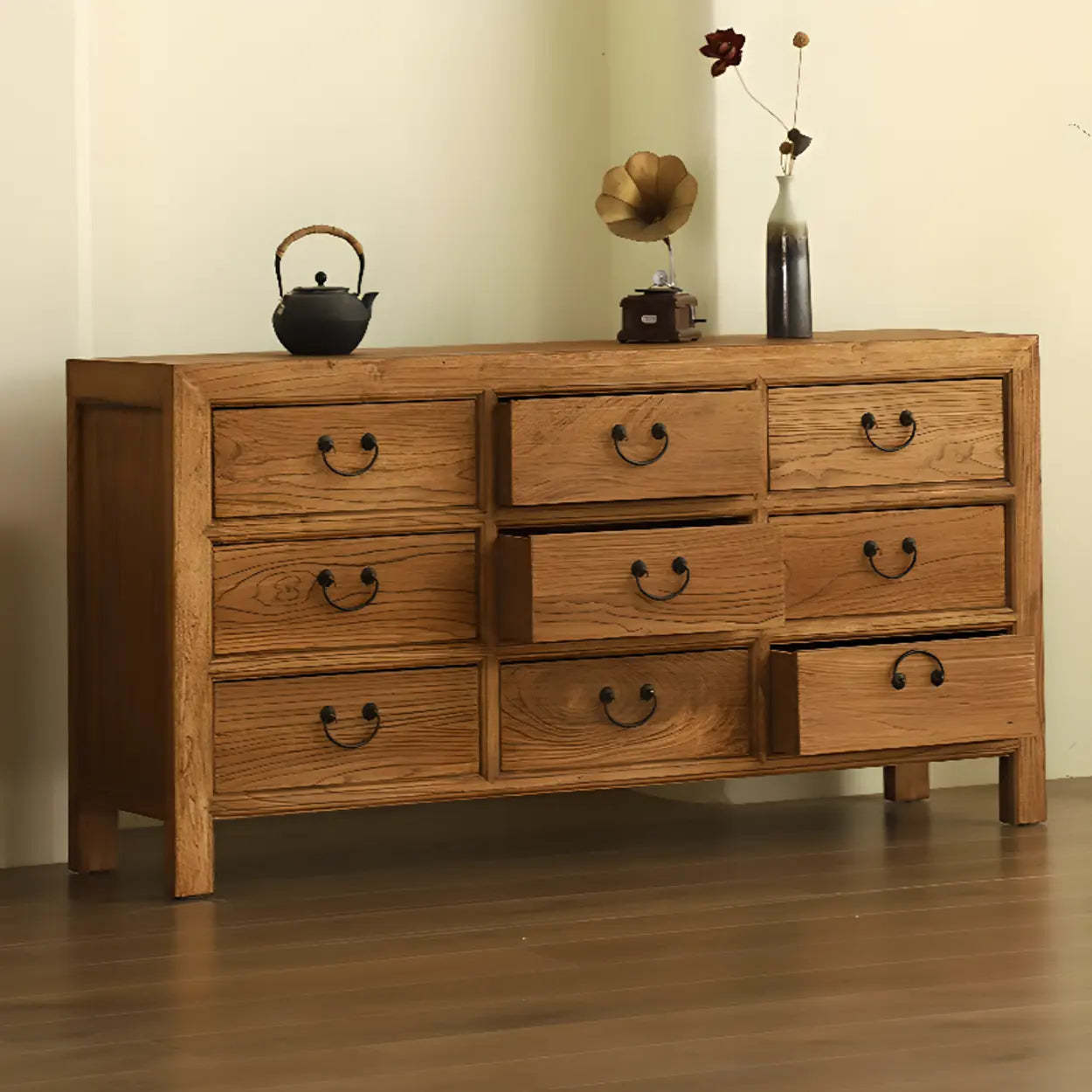 Rustic Natural Wood TV Stand with 9 Drawers — 12