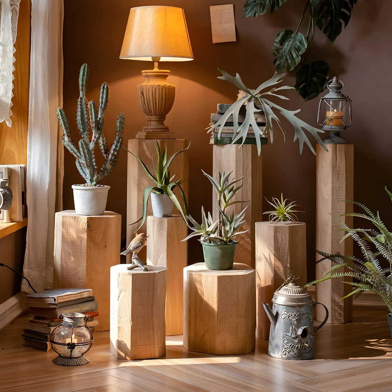 Rustic Natural Wood Floor Plant Stand