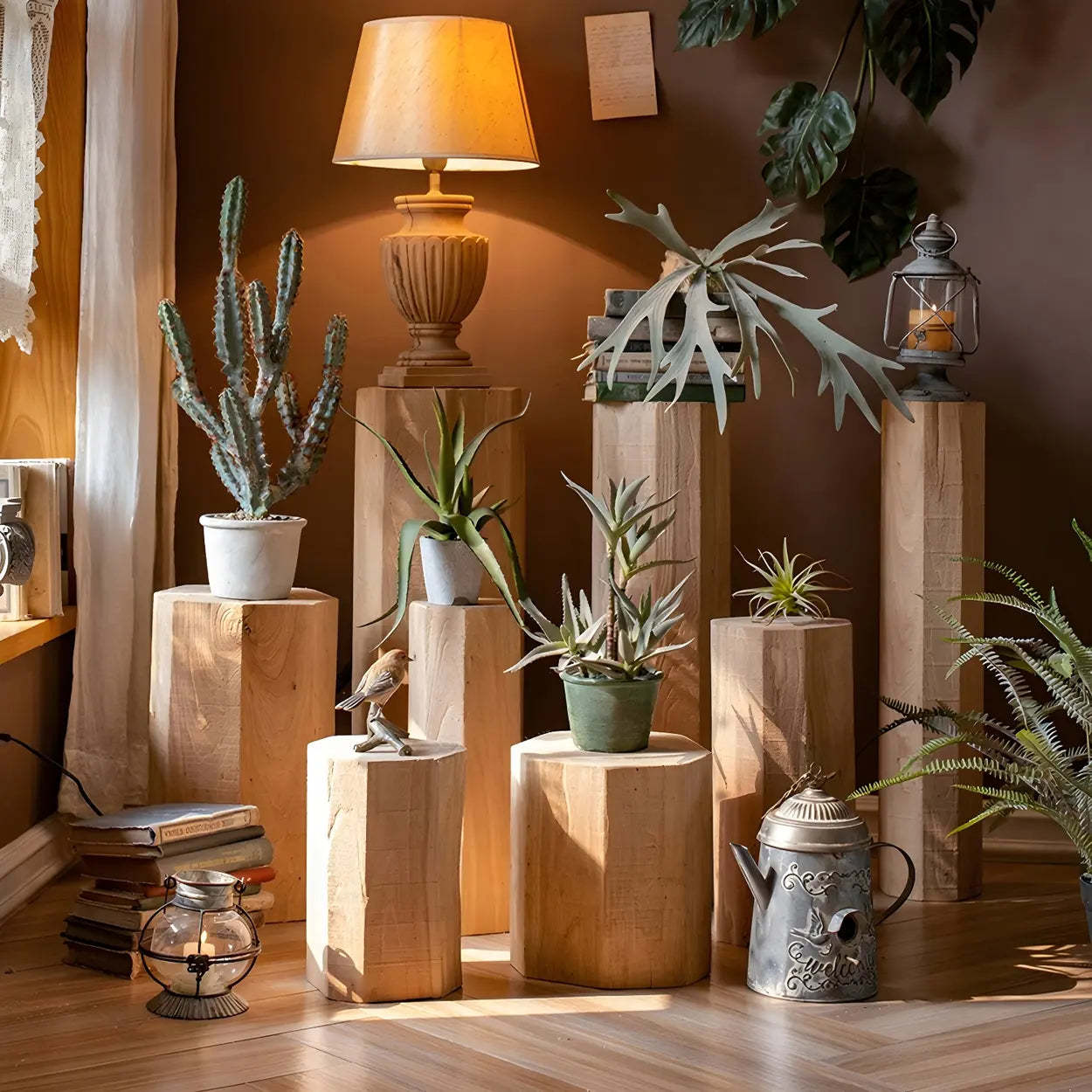 Rustic Natural Wood Floor Plant Stand