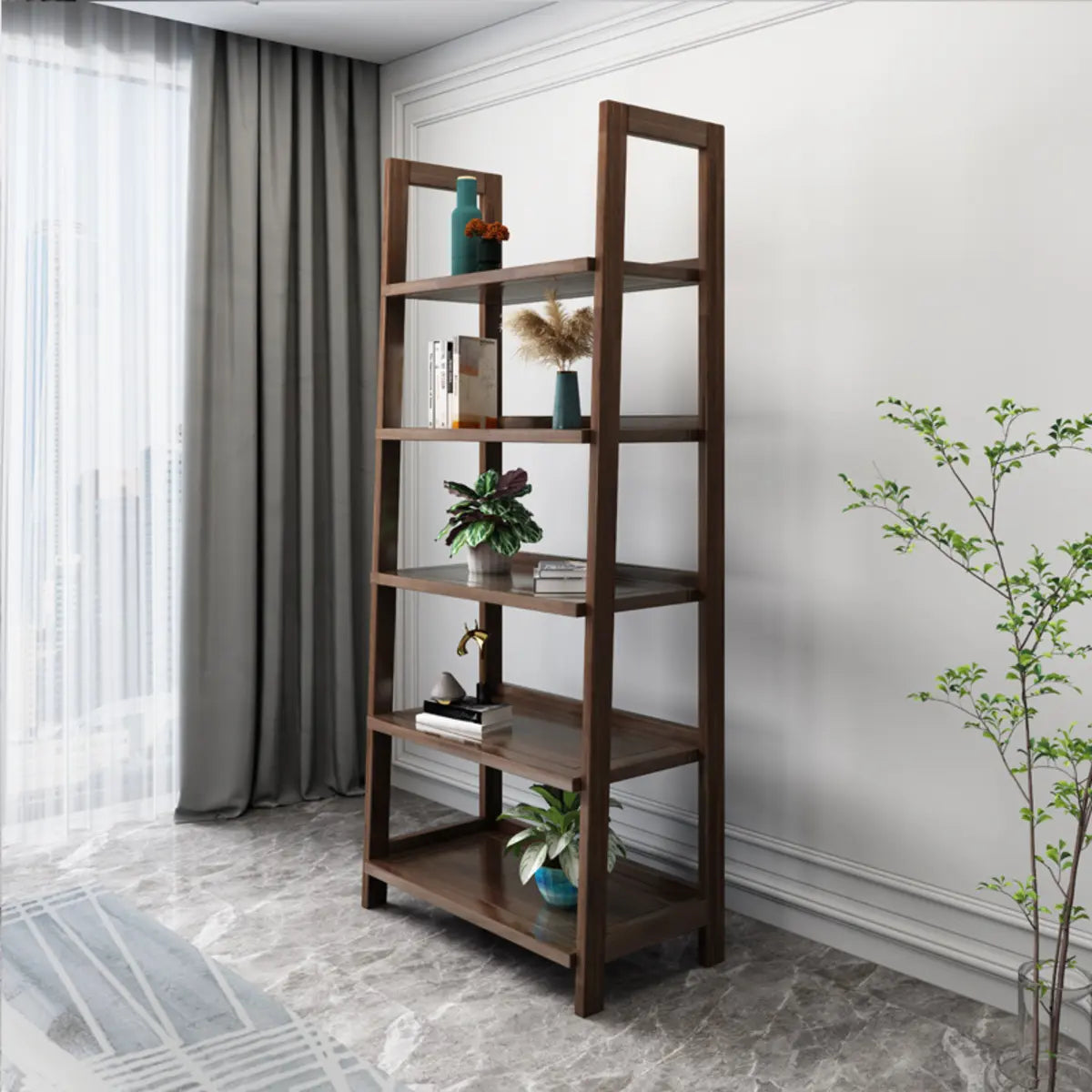 Rustic Open Brown Ladder Wood Geometric Bookcase