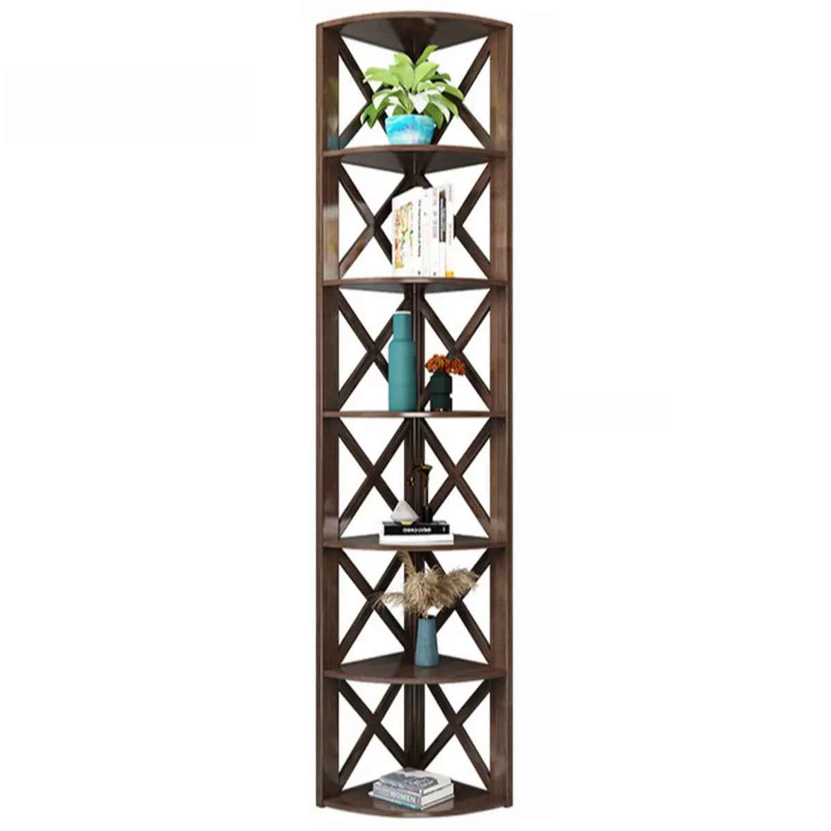 Rustic Open Brown Ladder Wood Geometric Bookcase