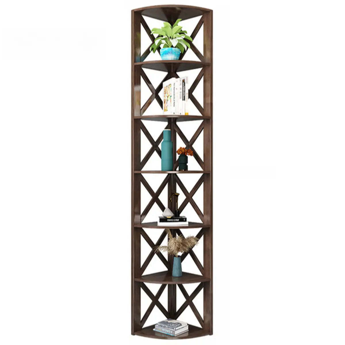 Rustic Open Brown Ladder Wood Geometric Bookcase