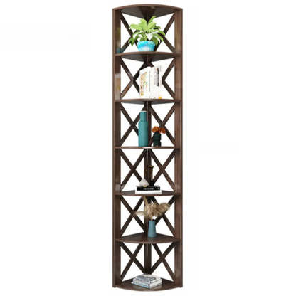 Rustic Open Brown Ladder Wood Geometric Bookcase