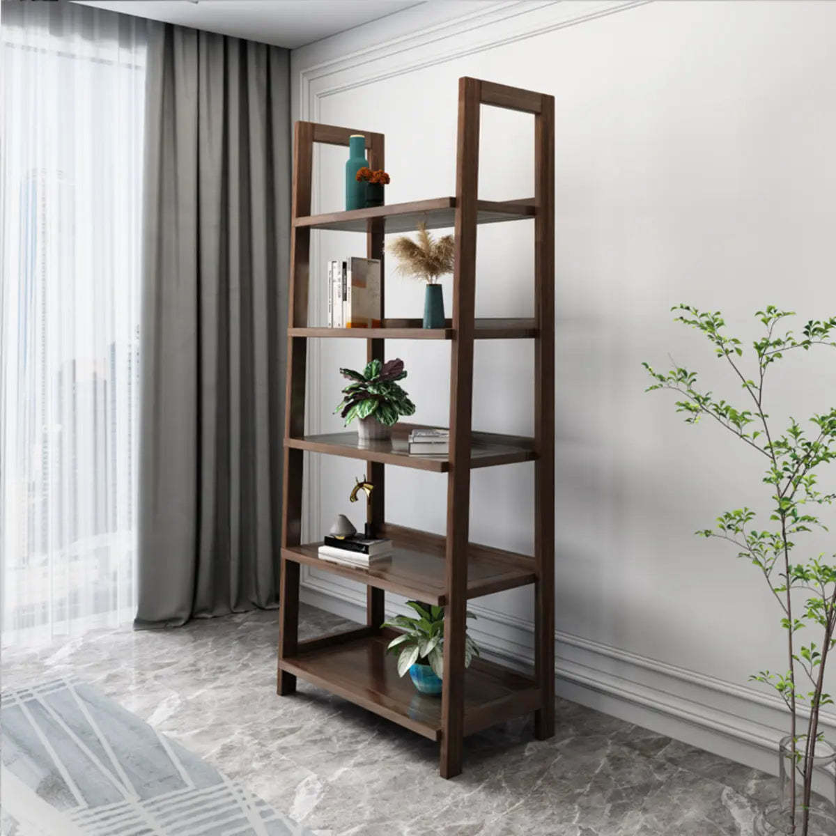 Rustic Open Brown Ladder Wood Geometric Bookcase