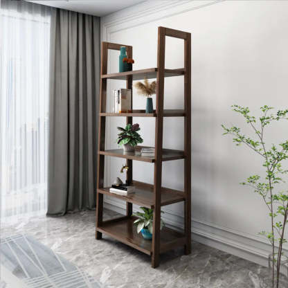 Rustic Open Brown Ladder Wood Geometric Bookcase