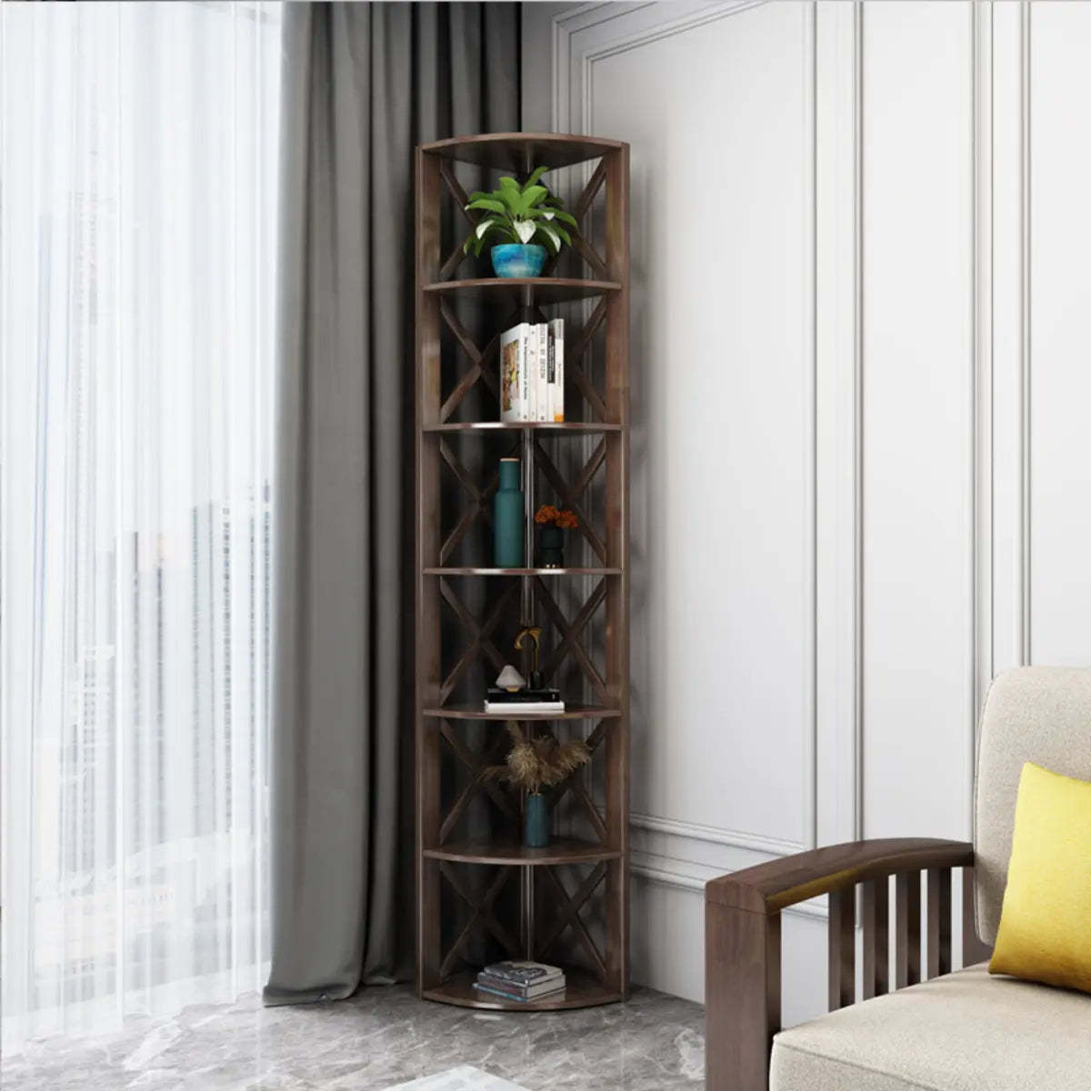 Rustic Open Brown Ladder Wood Geometric Bookcase