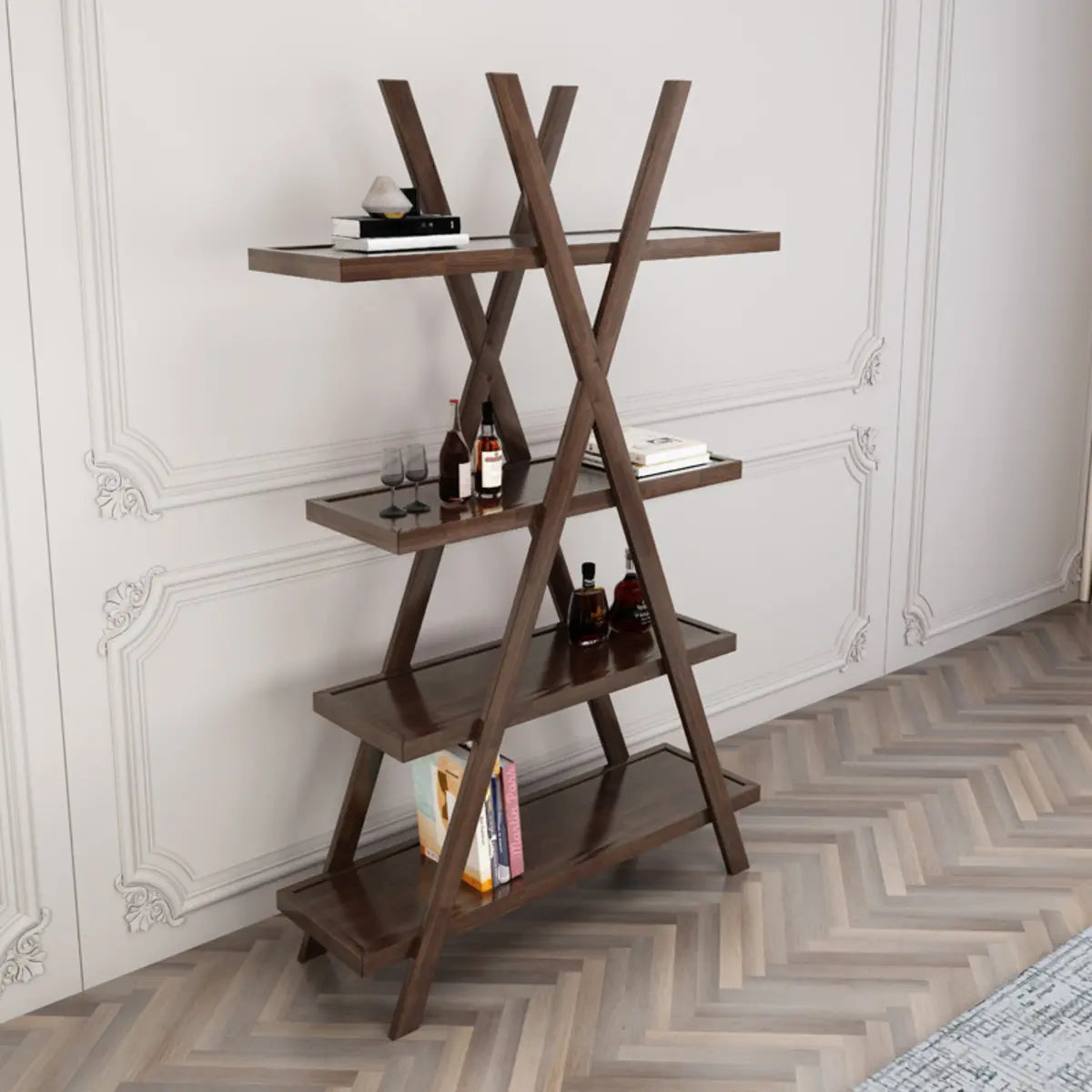 Rustic Open Brown Ladder Wood Geometric Bookcase