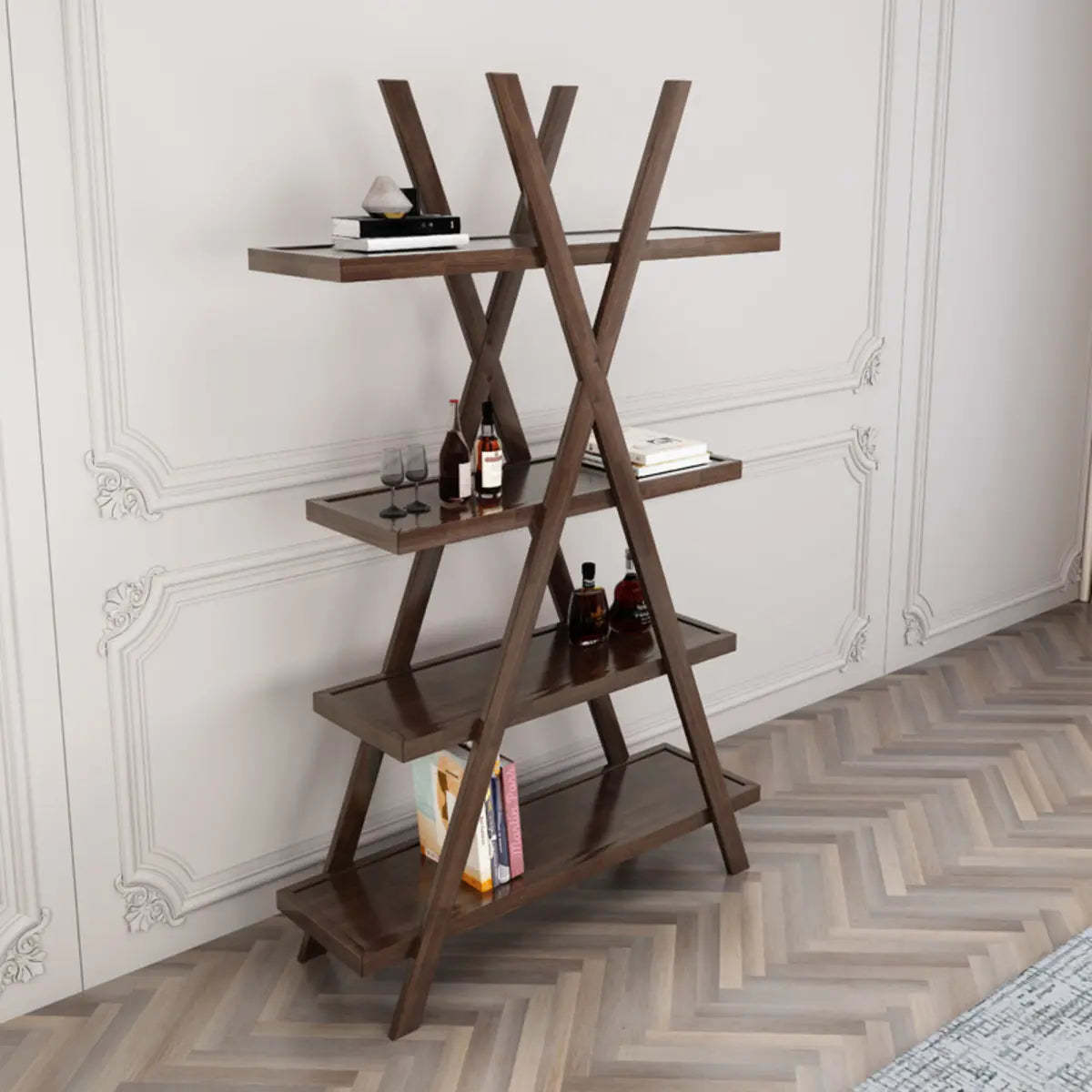 Rustic Open Brown Ladder Wood Geometric Bookcase