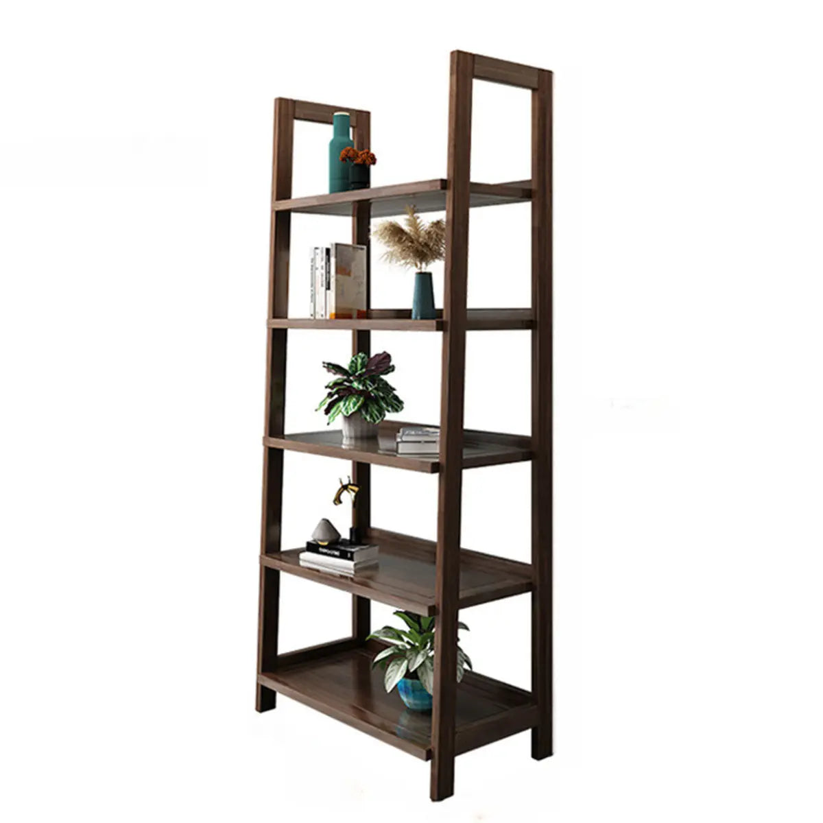 Rustic Open Brown Ladder Wood Geometric Bookcase