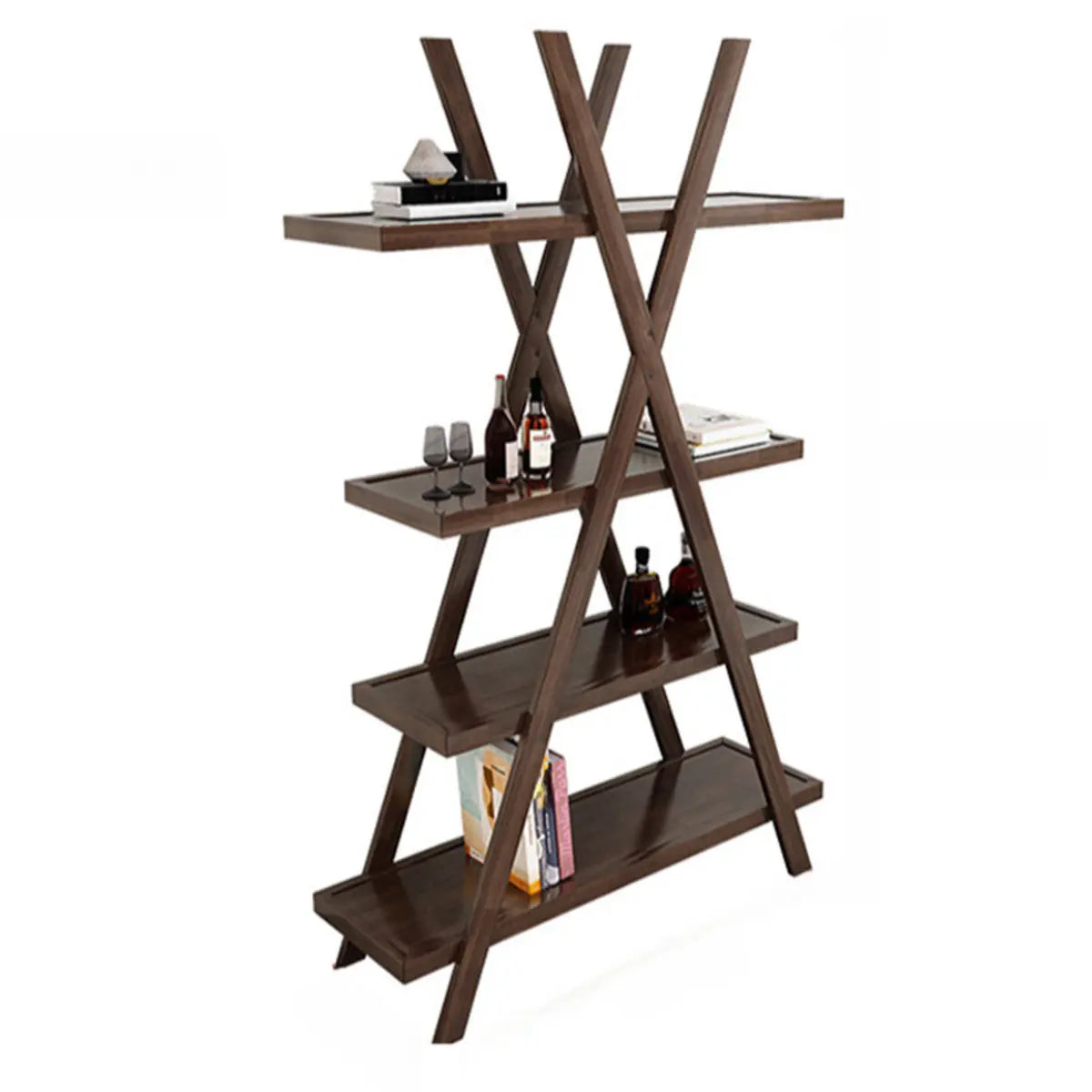 Rustic Open Brown Ladder Wood Geometric Bookcase