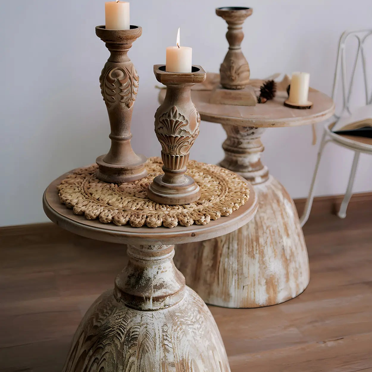 Rustic Distressed Wood Small Round Side Table