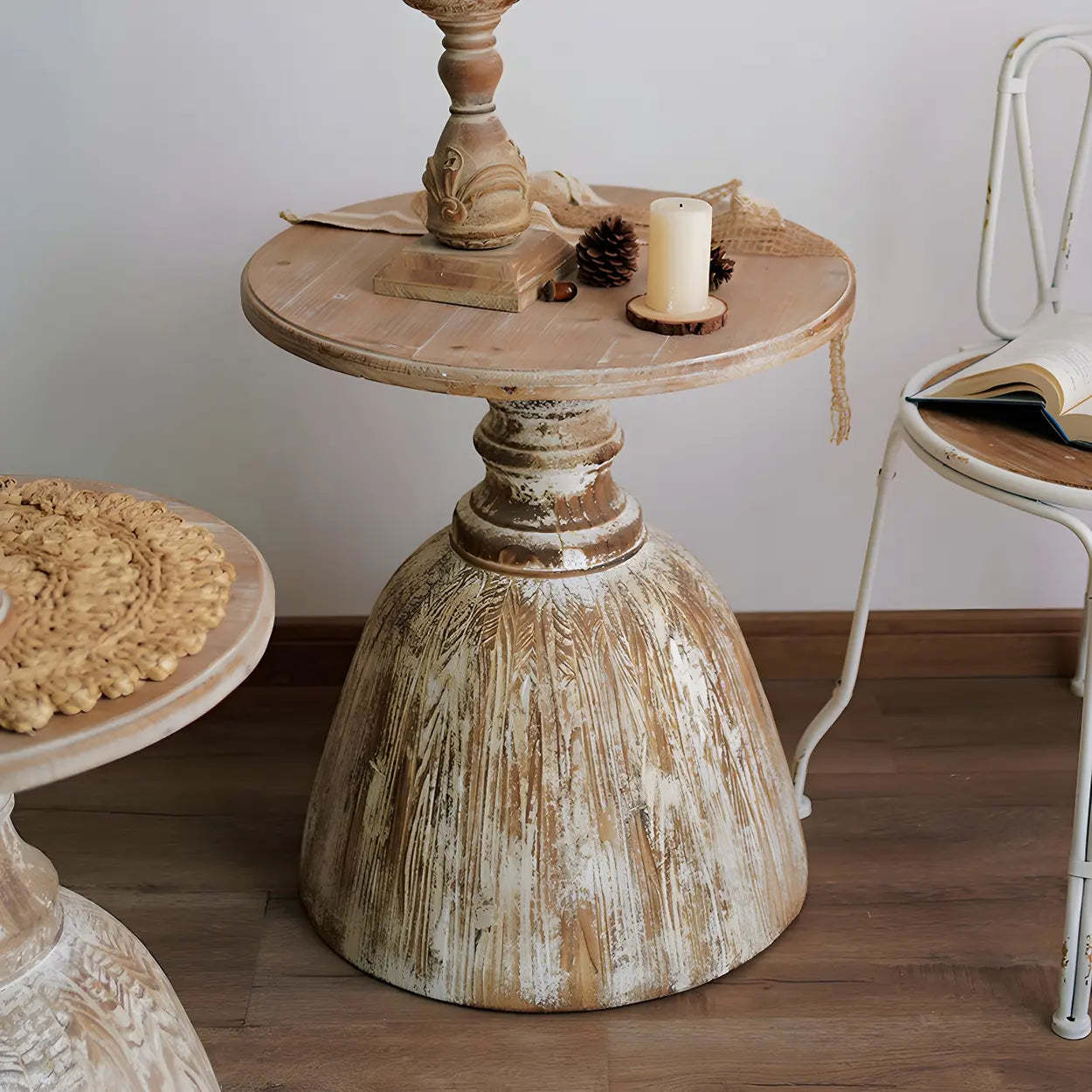 Rustic Distressed Wood Small Round Side Table — 2