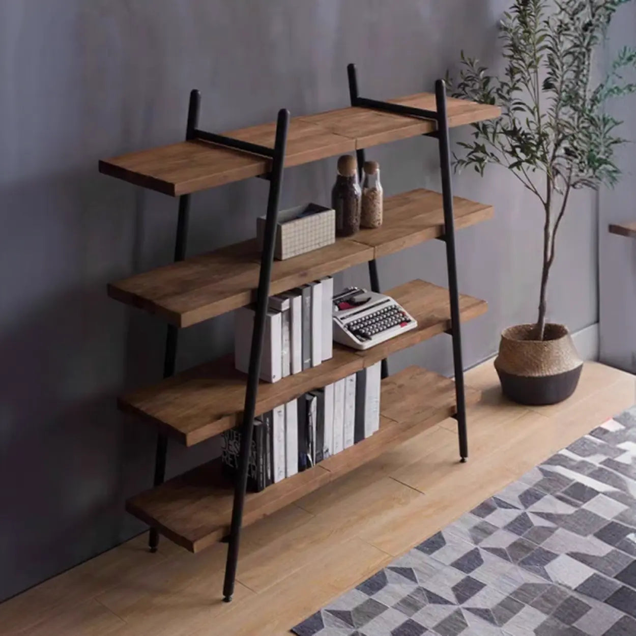 Rustic Rectangular Brown Wood Ladder Bookshelf