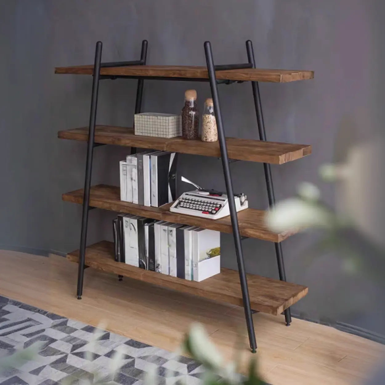 Modern rectangular ladder bookcases in wood — 43.3" L x 11.8" W x 59" H