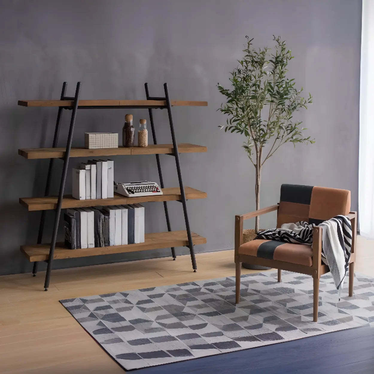 Rustic Rectangular Brown Wood Ladder Bookshelf