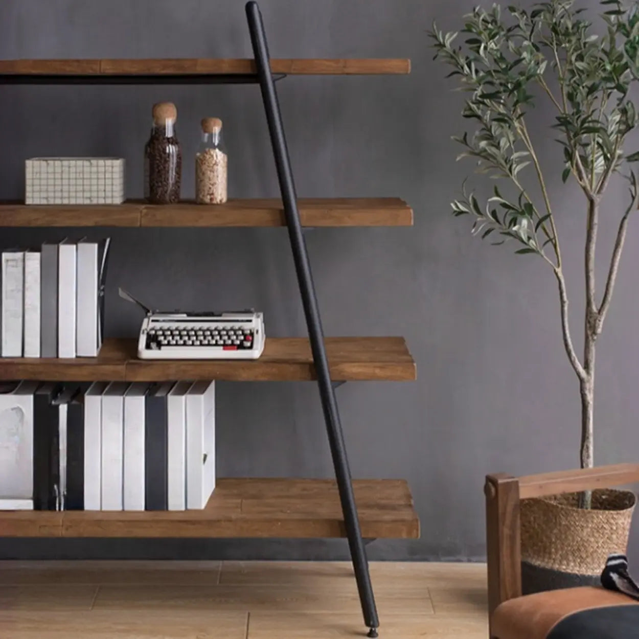 Rustic Rectangular Brown Wood Ladder Bookshelf