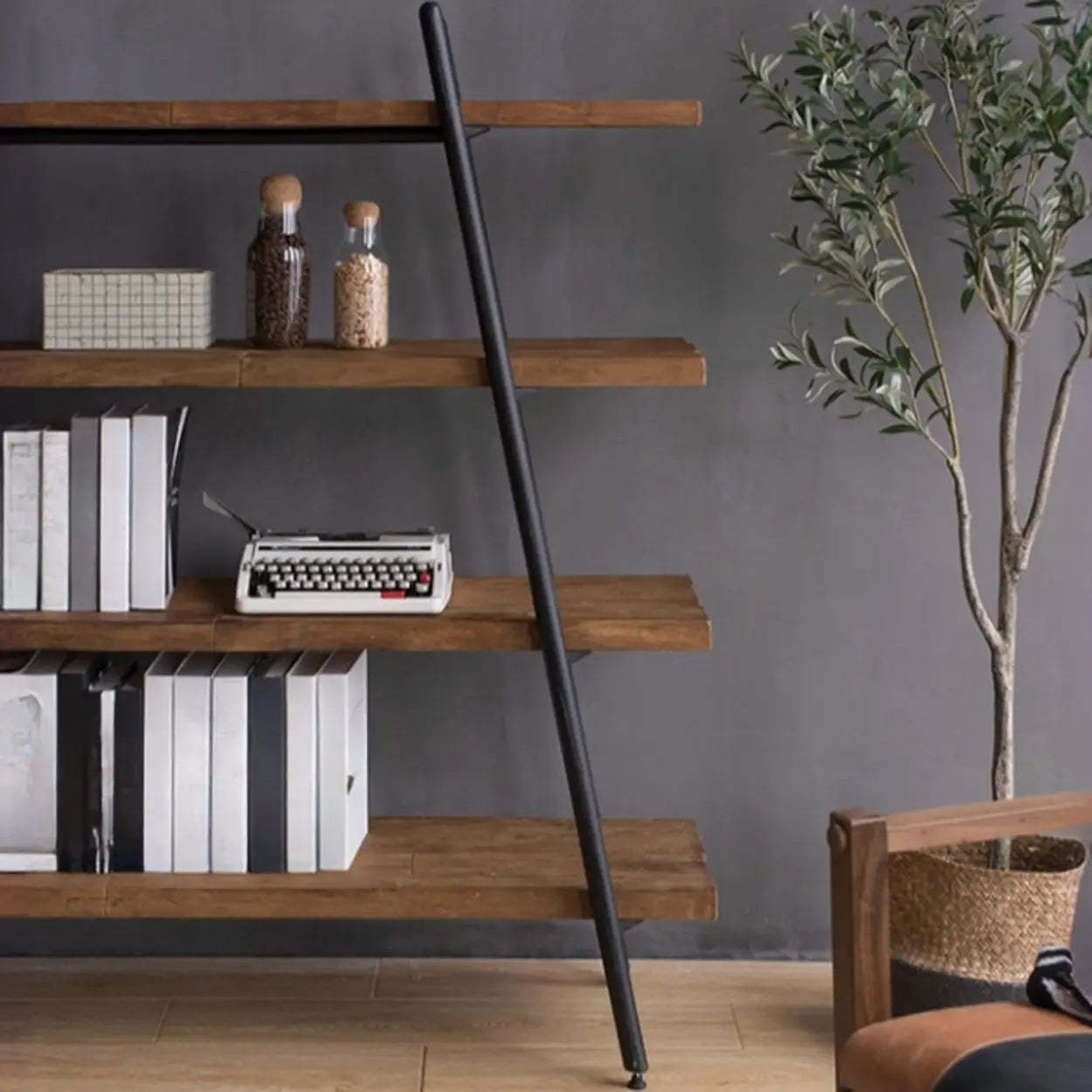 Rustic Rectangular Brown Wood Ladder Bookshelf