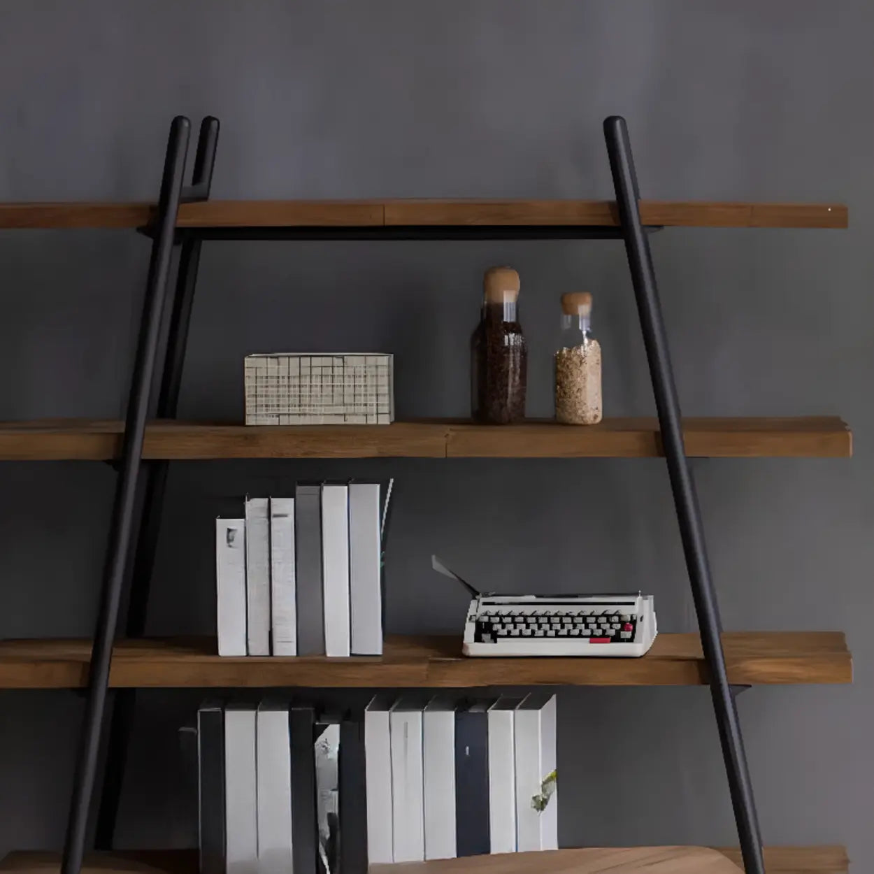 Rustic Rectangular Brown Wood Ladder Bookshelf