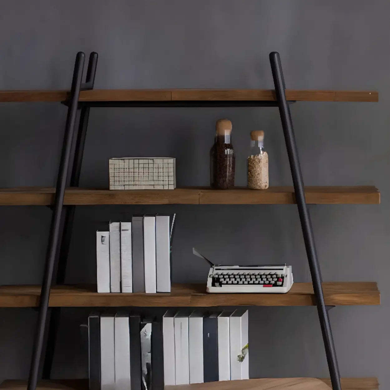Rustic Rectangular Brown Wood Ladder Bookshelf