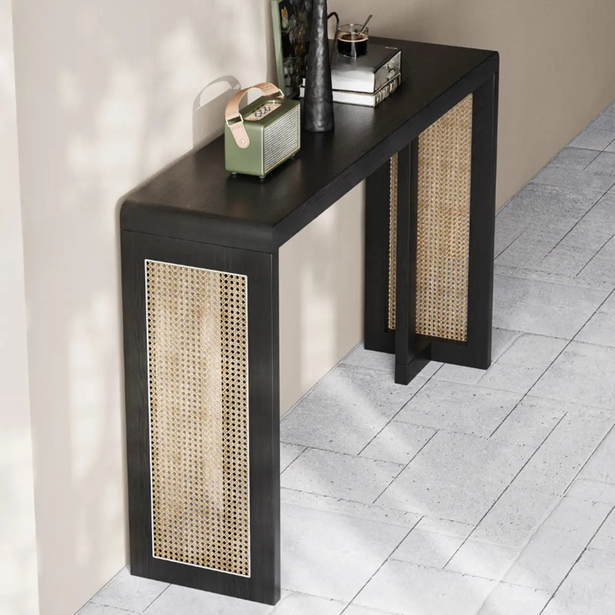 Rustic Rattan Panel Black Sled Console Table
