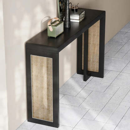 Rustic Rattan Panel Black Sled Console Table