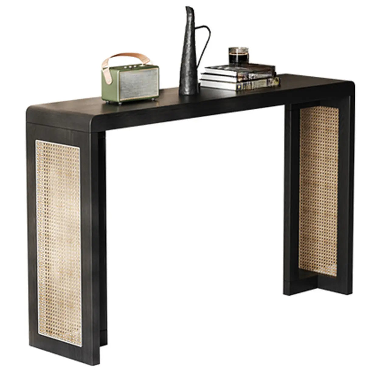 Rustic Rattan Panel Black Sled Console Table