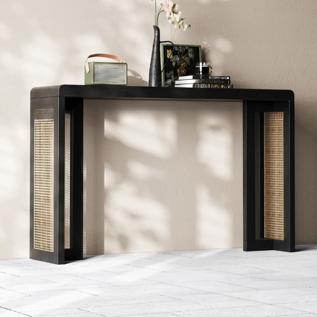 Rustic Rattan Panel Black Sled Console Table