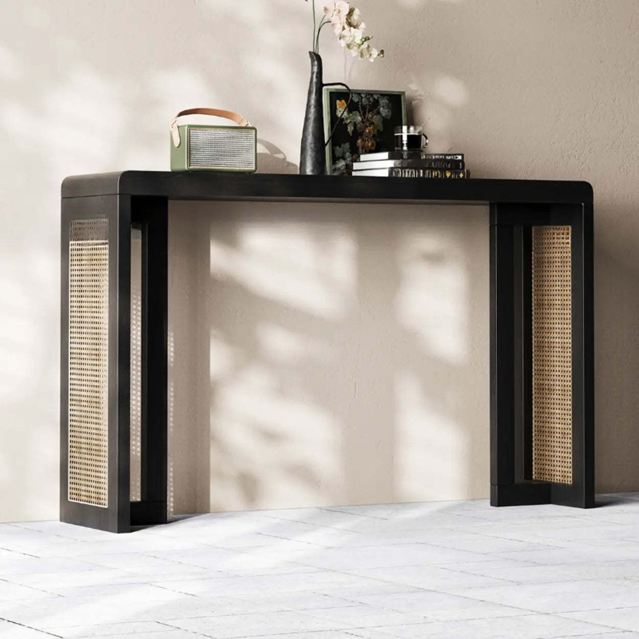 Rustic Rattan Panel Black Sled Console Table