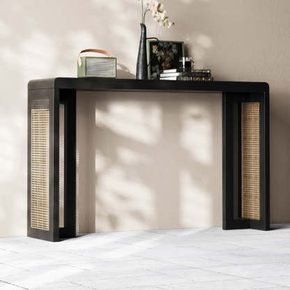 Rustic Rattan Panel Black Sled Console Table