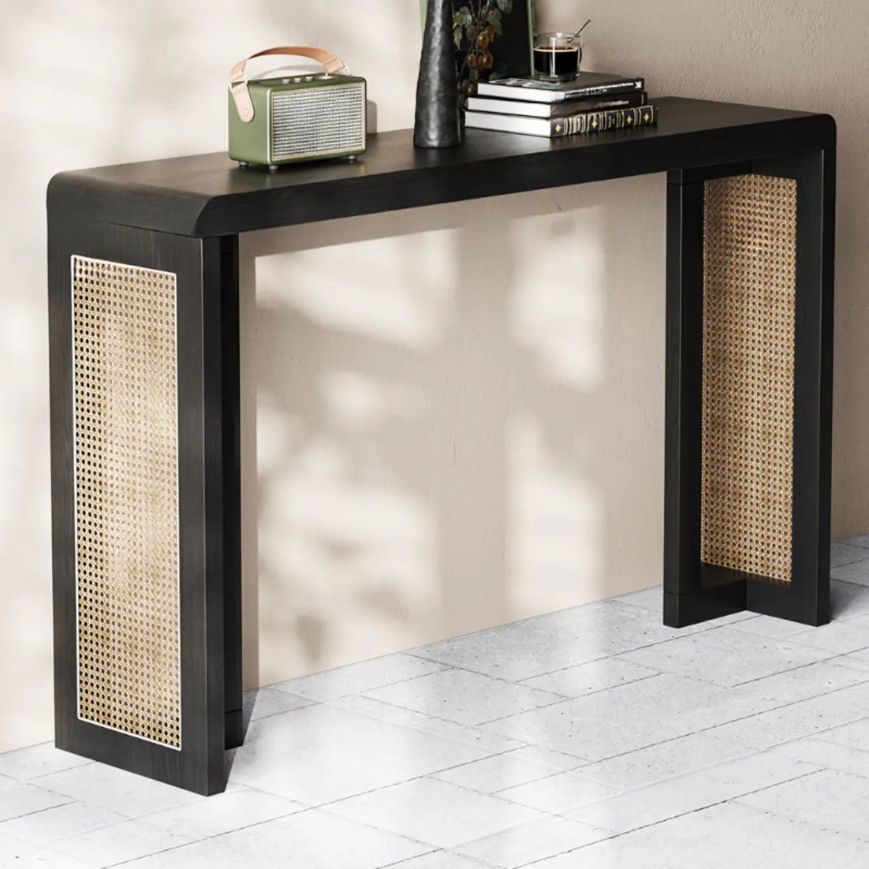 Rustic Rattan Panel Black Sled Console Table