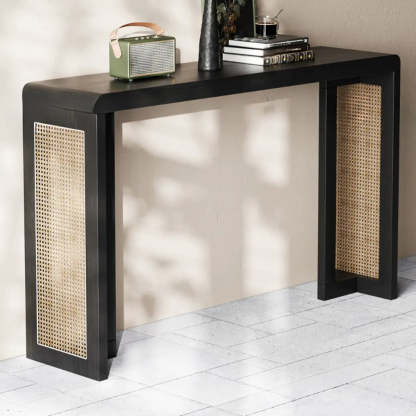 Rustic Rattan Panel Black Sled Console Table