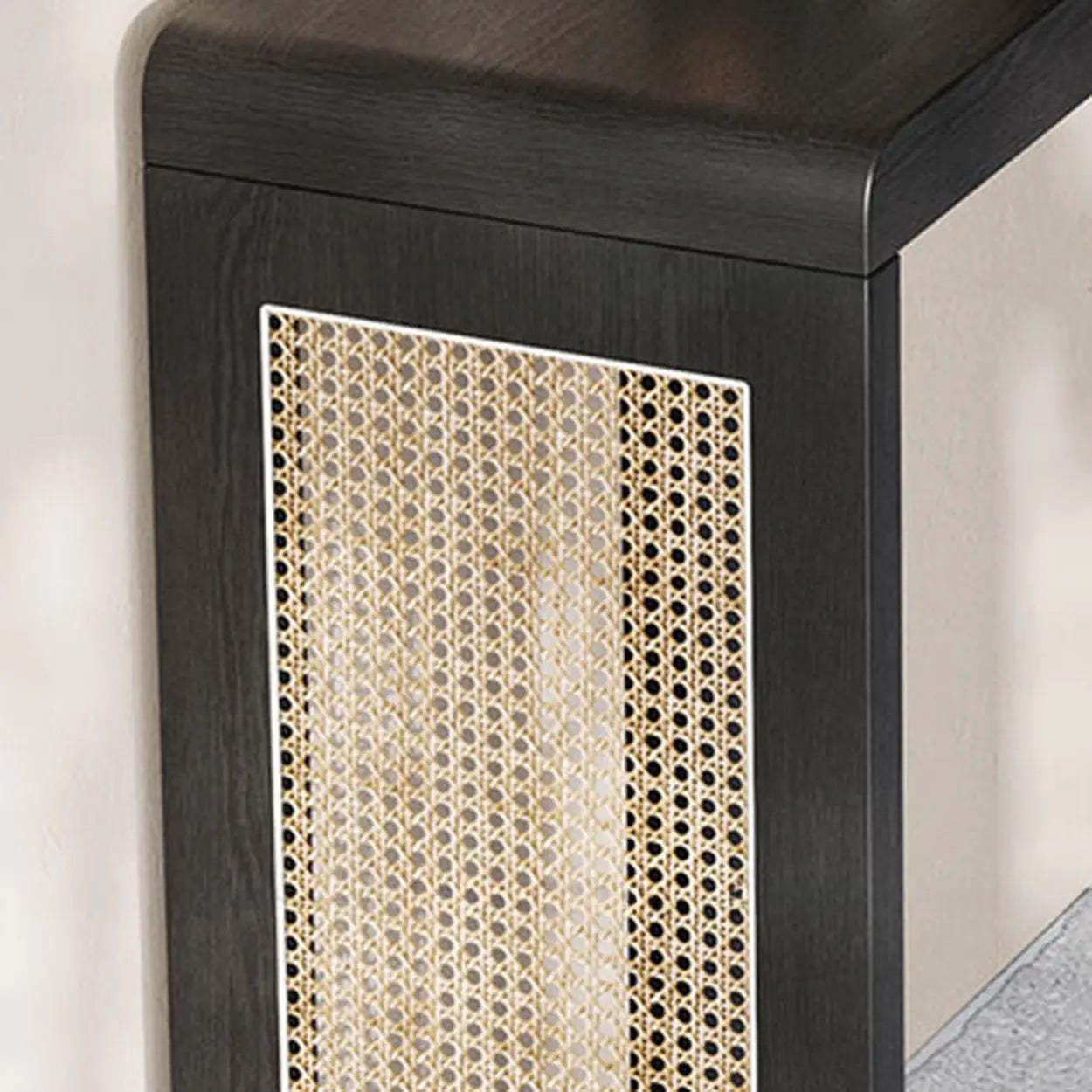 Rustic Rattan Panel Black Sled Console Table