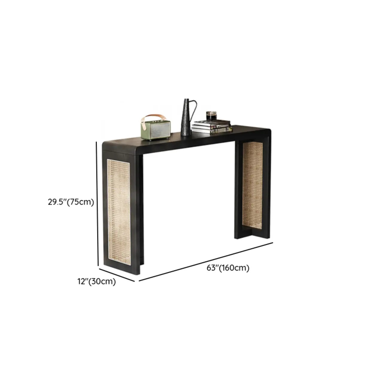 Rustic Rattan Panel Black Sled Console Table