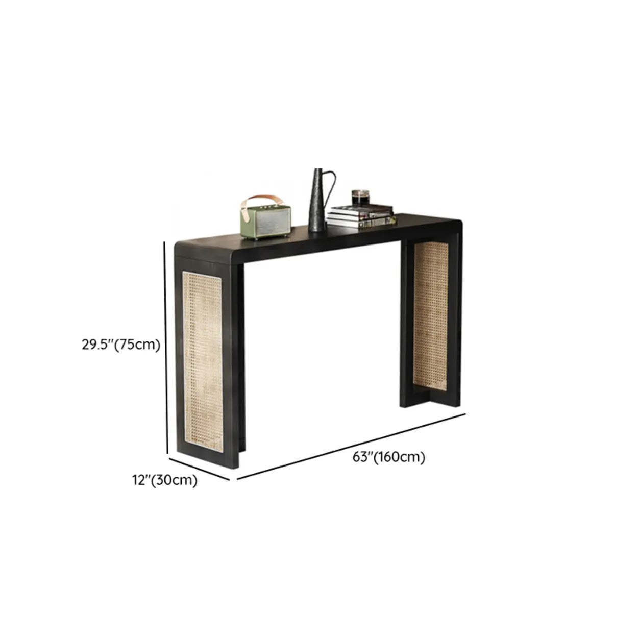 Rustic Rattan Panel Black Sled Console Table