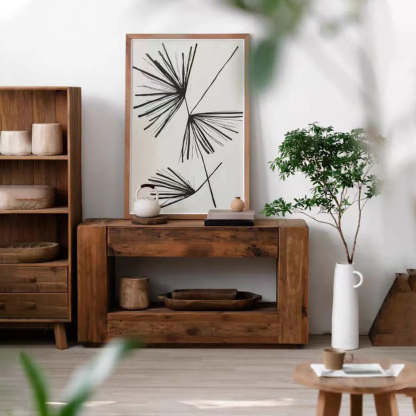 Rustic Rectangle Timber Brown Console with Shelf — 1
