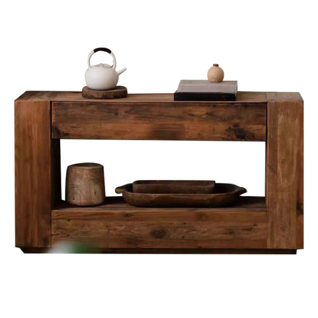 Rustic Rectangle Timber Brown Console with Shelf — 1