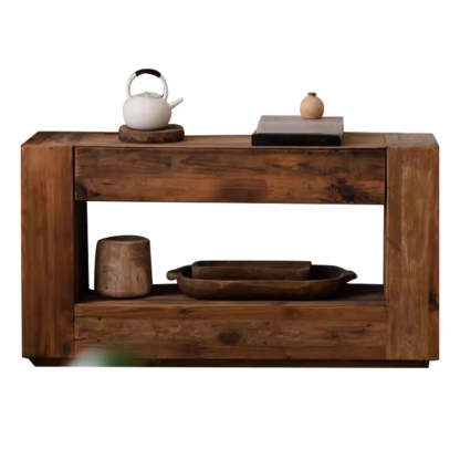 Rustic Rectangle Timber Brown Console with Shelf — 1